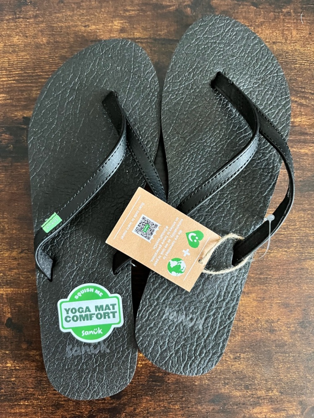 Sanuk Black Flip Flops with Green Logo Tab